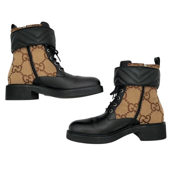 Gucci GG Jumbo Monogram Canvas Combat Boot Size 40 US 10 Black Leather Lace Up - Picture 6 of 12